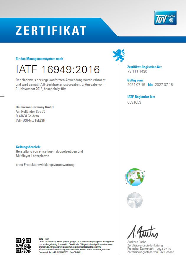 Zertifikat Qualitätsmanagementsystem gemäß IATF 16949